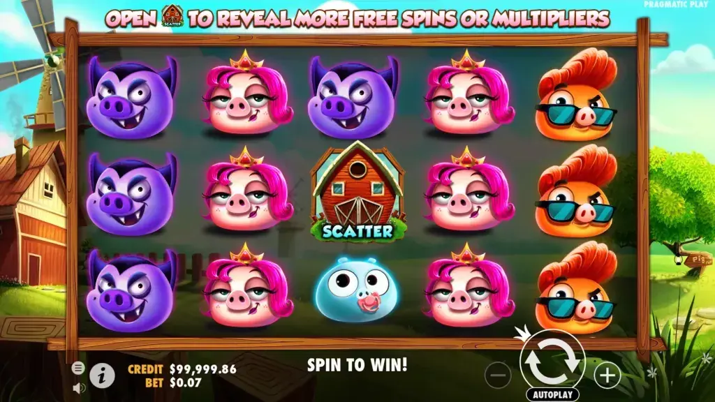 Rodillos de 7 Piggies con cerdos de colores apilados y un granero scatter en el centro