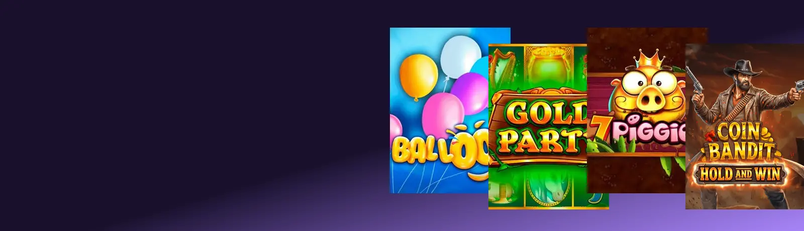 Portadas de tragamonedas Balloon, Gold Party, 7 Piggies y Coin Bandit sobre fondo morado