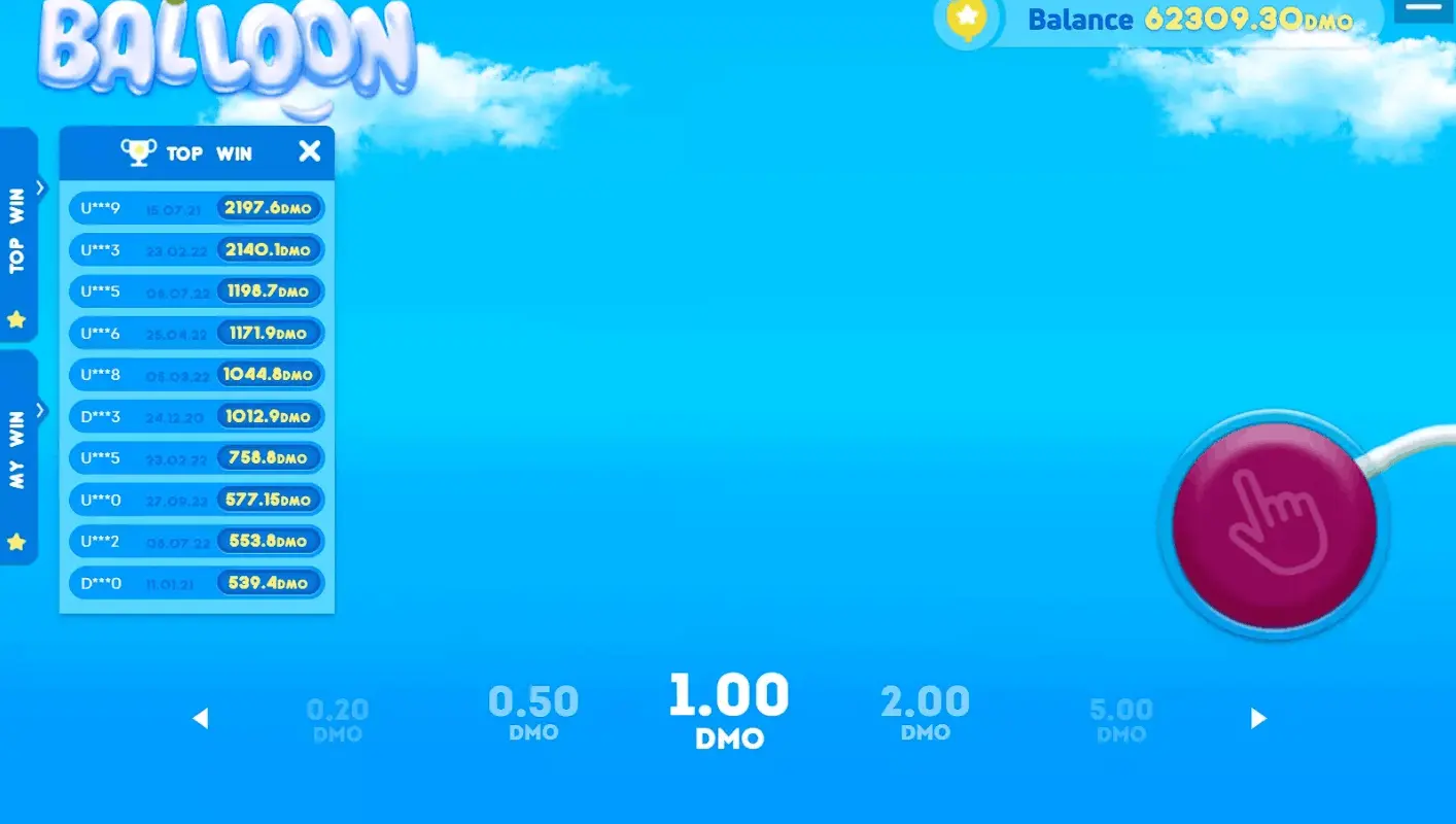 Pantalla de Balloon con cielo celeste, selector de apuesta y ranking de mayores premios