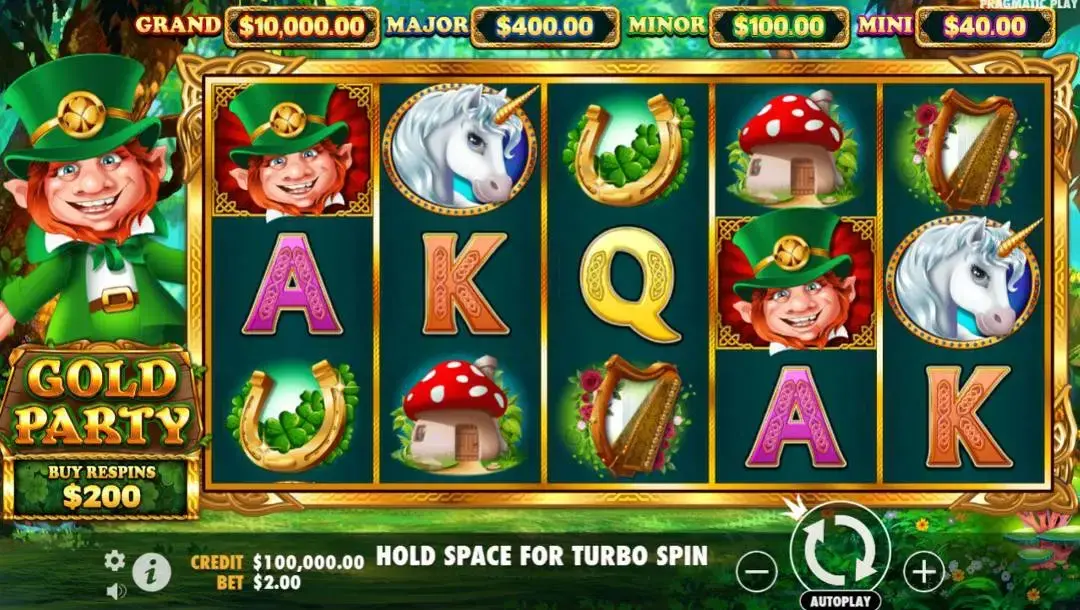Rodillos de Gold Party con duende, unicornio, herradura y hongos, y niveles de jackpot arriba