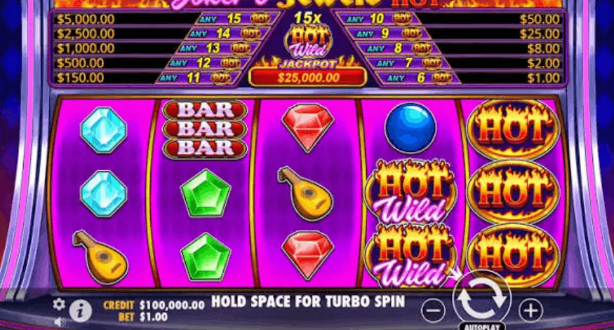 Rodillos fucsia de Joker's Jewels Hot con símbolos Hot y Hot Wild y tabla de premios por cantidad de iconos